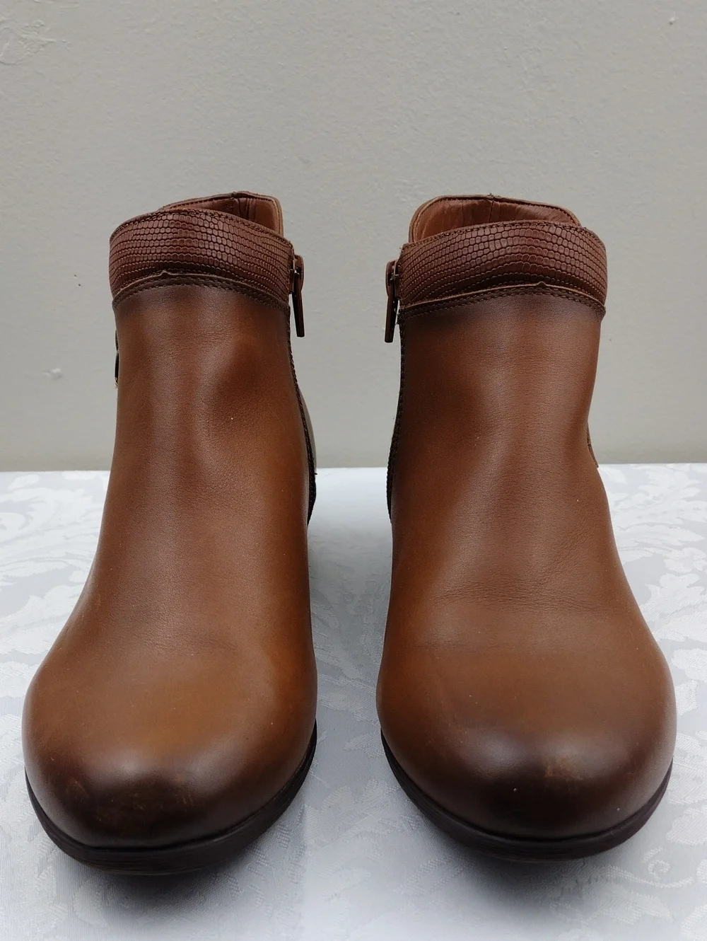 Rockport Carly Brown Leather Snakeskin Trim Almond Toe Side Zip Low Heel Bootie